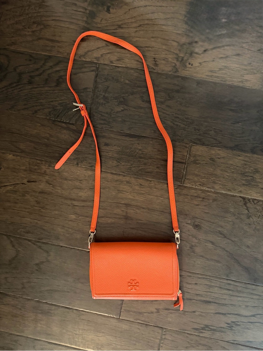 Tory Burch Orange Pebbled Leather Crossbody Wallet